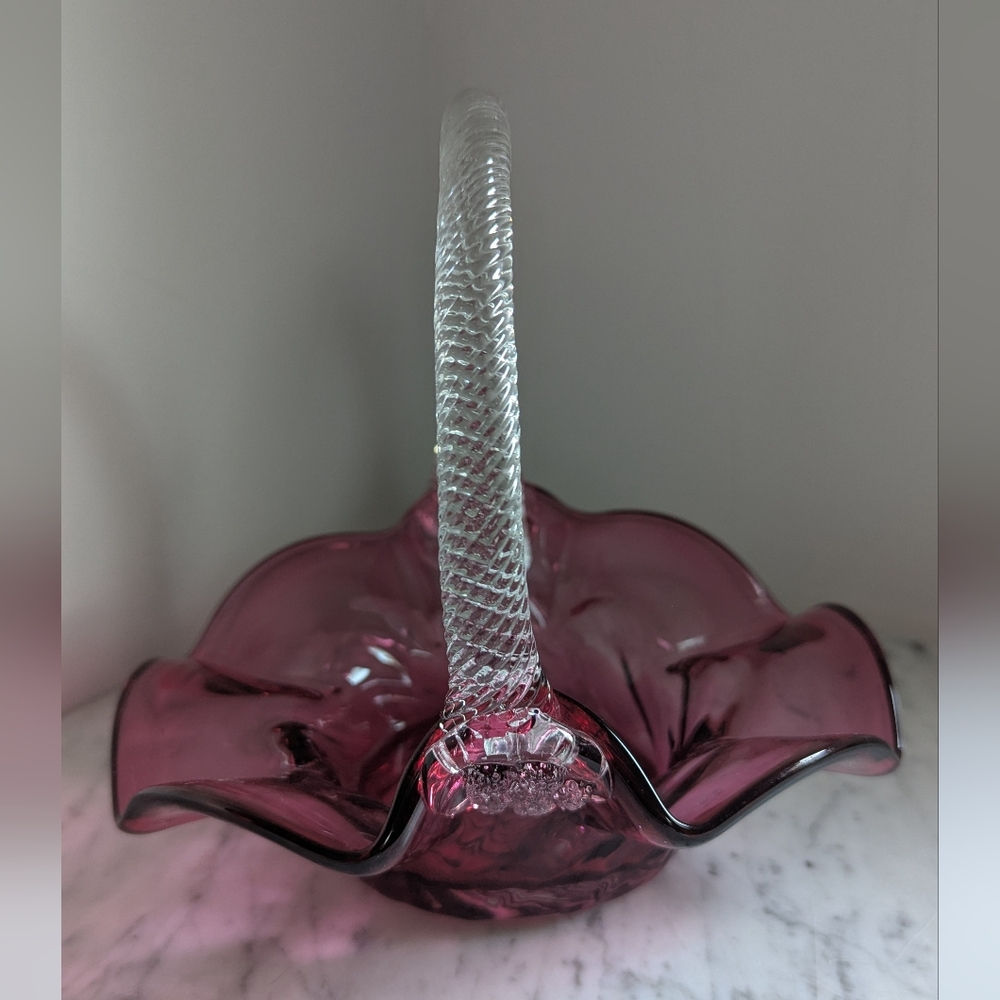 Vintage Fenton Cranberry Art Glass Ruffle Basket With Twisted Crystal Handle